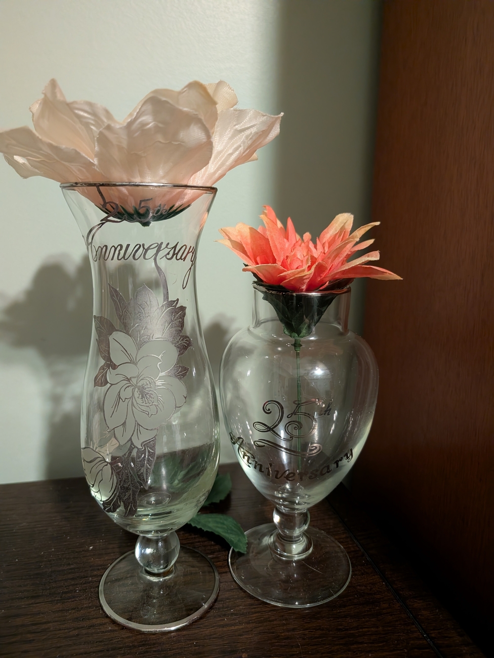 25th Anniversary Etched Glass Vases Centerpieces